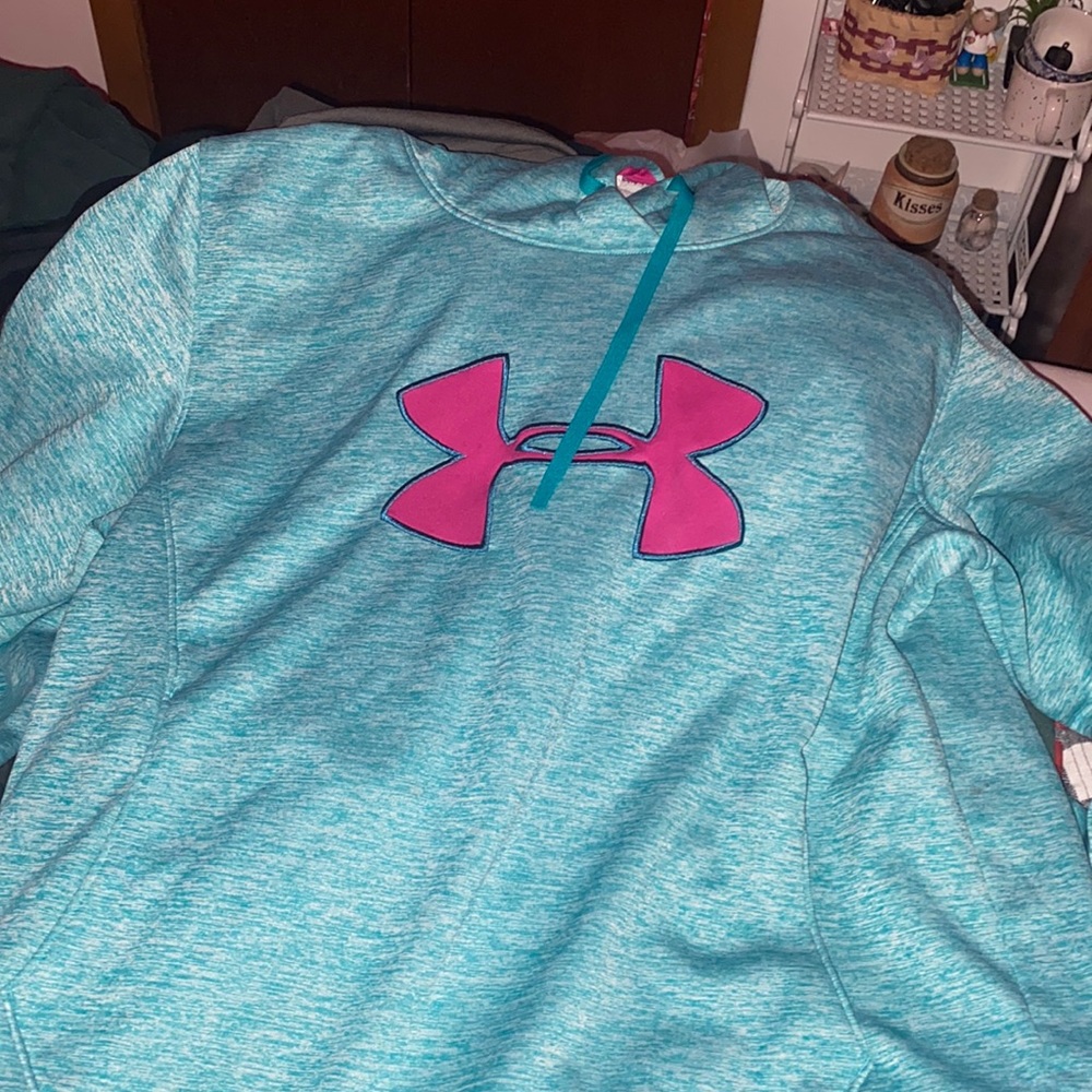 UNDER ARMOR HOODIE. BLUE WITH PINK UNDER ARMER LOGO.